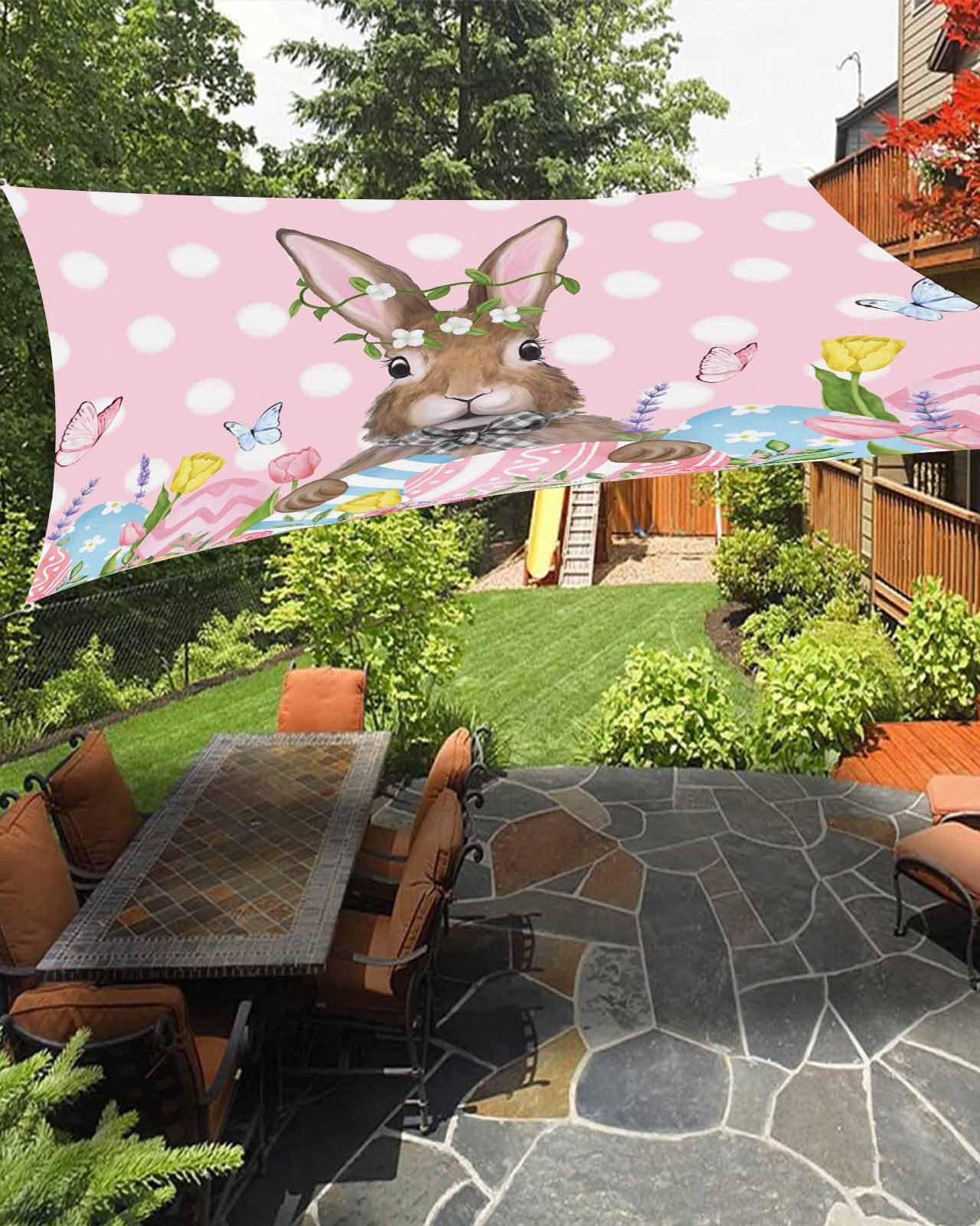 Sun Shade Sail 6.5' x 10', Pink Polka Dots Easter Bunny UV Block Sun Sails Shades for Outdoor Decor, Spring Floral Tulip Colorful Eggs Shade Cloth for Patio Deck Terrace Garden Lawns Beach Backyard