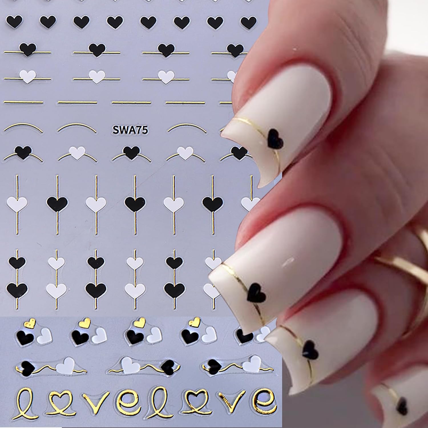 Heart Nail Stickers for Nail Art 12PCS 3D Hollow Heart Nail Decals Self-Adhesive Pink Purple Gold Silver Valentine's Day Stripe Design Nail Supplies for Women DIY Valentine Wedding Manicure Decoration