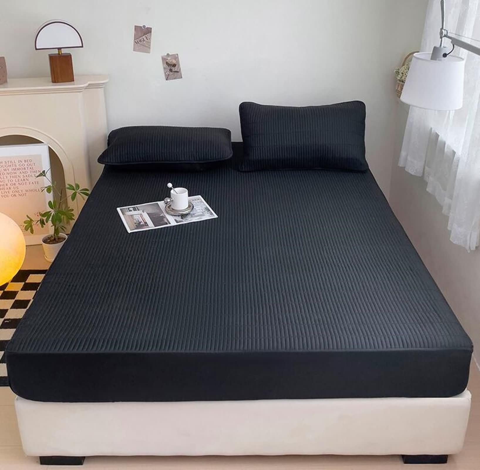 Set 3teilig Elastisches Spannbettlaken aus Baumwolle für Boxspringbett, Einfarbig, 120 x 200 cm + 2 Kissenbezüge, Spannbetttuch Schwarz