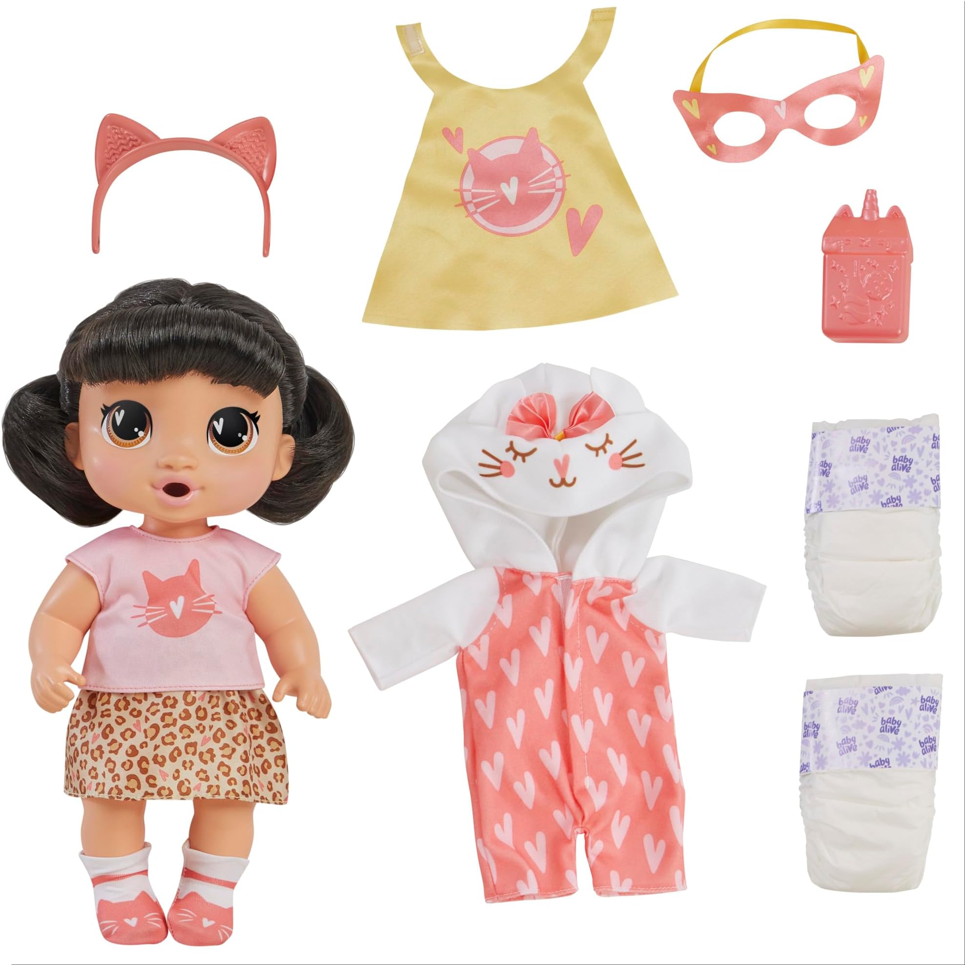 Baby Alive Super BFF Katie Kat Black Hair Dress Up Baby Doll Playset, 11 Inches, Toys for 3 Year Old Girls & Boys & Up (Amazon Exclusive)
