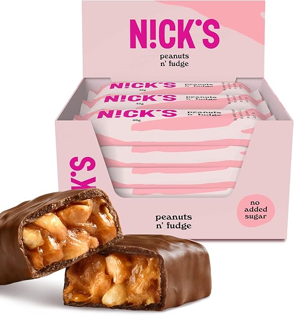 NICKS Keto Batony Peanuts n fudge, Baton Czekoladowa Przekąska Orzechowa Karmelowa, 175 Kalorii, 3,9 Węglowodanów Netto, Bez Dodatku Cukru, Bezglutenowe, Słodycze o Niskiej Węglowodanach (15x40g)