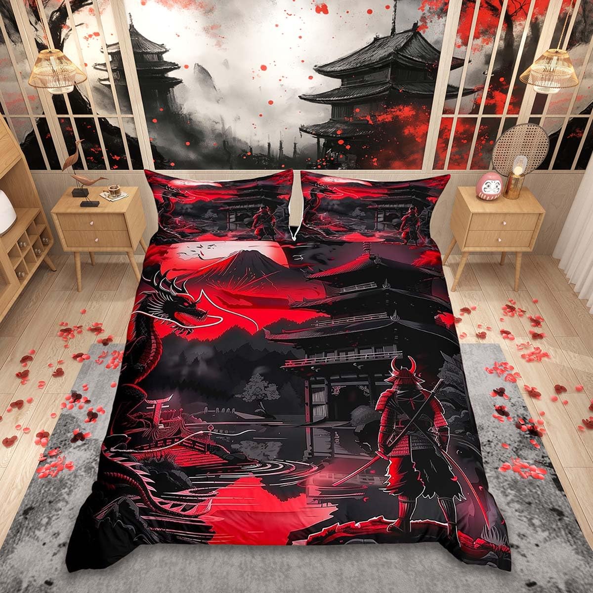 Housse de couette dragon motif samouraï japonais ukiyoe lit enfant