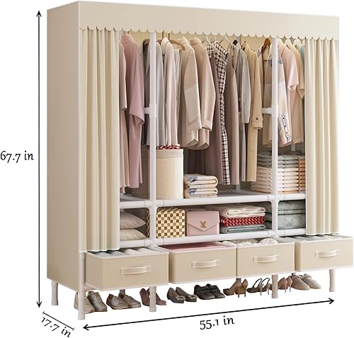 Miniatura 3 de Armario portátil, perchero resistente con cubierta, armario con 3 varillas para colgar, 6 estantes de almacenamiento y 4 cajones, 55.1 pulgadas de