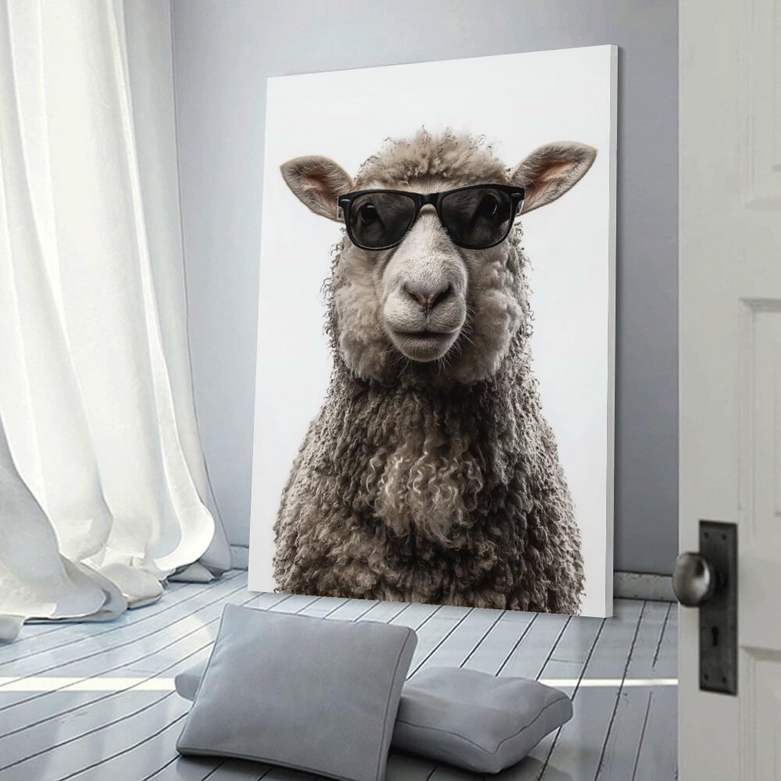 Junmoney Wall Picture Print Cool Sheep with Sunglasses Portrait, 24x36inch(60x90cm), for Entrance Walls, Hall Decor Or Foyers, A Neat Decor Update for Hallways