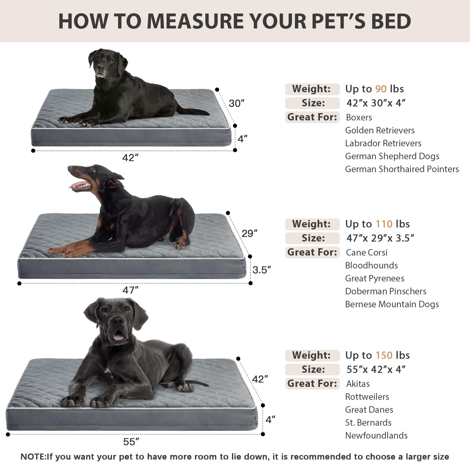WNPETHOME Cama ortopédica impermeable extra grande para perros mayores para un sueño cómodo | Cama XL lavable con funda extraíble, acolchado multiaguja, cama XL para perros de tamaño grande, color gris, 42 x 30 pulgadas
