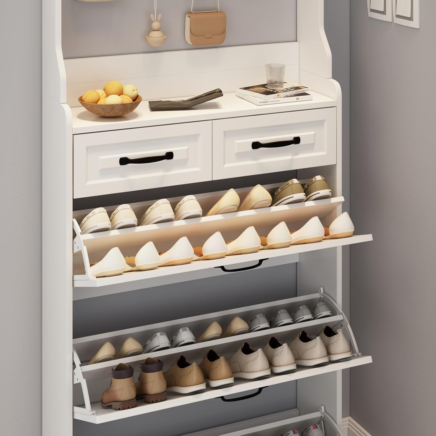 NEW White Color Shoe Cabinet with 3 Doors 2 Drawers with Hanger,Large Space for Storage