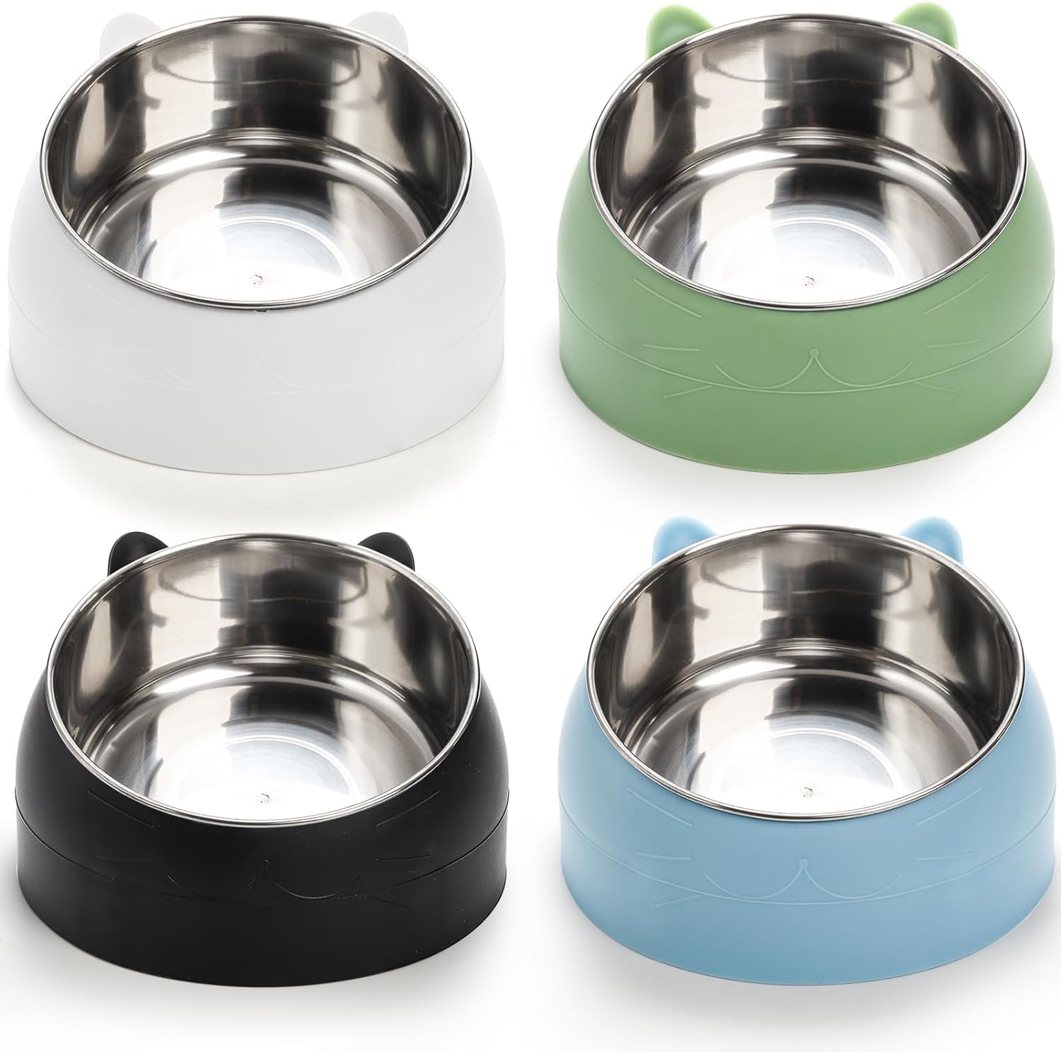 Mezchi 4 Pack Stainless Steel Cat Bowls, 400ml/14oz Raised Cat Bowls, 15°Tilt Cat Water Bowl with Non-Slip Rubber, Metal Cat Dishes Dog Food Bowl for Indoor Pets, Gifts for Cats Puppy, 4 Colors