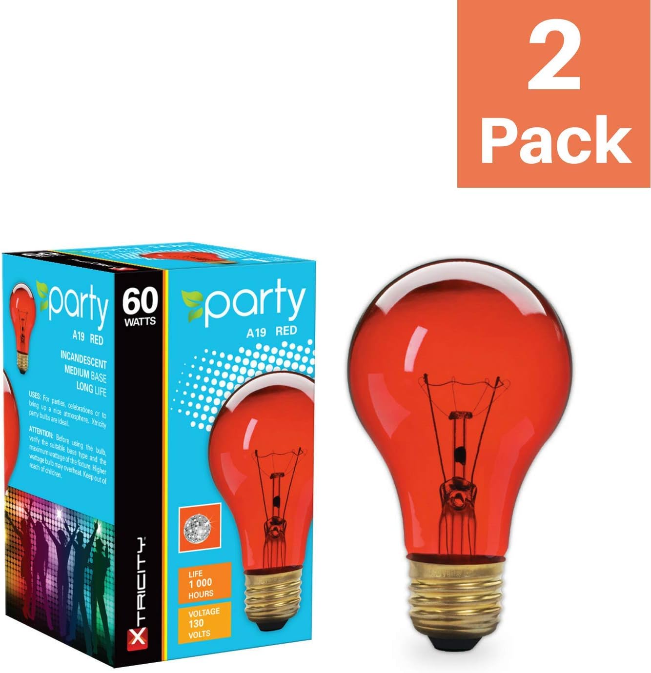 Xtricity A19 Incandescent Colored Light Bulb, 60W, E26 Medium Base, 130V, Red (2 Pack)