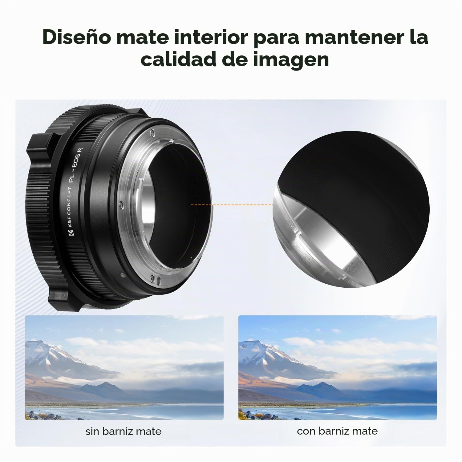 K&F Concept Adaptador PL-RF RF Aluminio Enfoque Infinito | Enfoque infinito, aluminio anodizado, interior mate, montura PL-RF, sin autofocus, manual, para cine PL, AR122