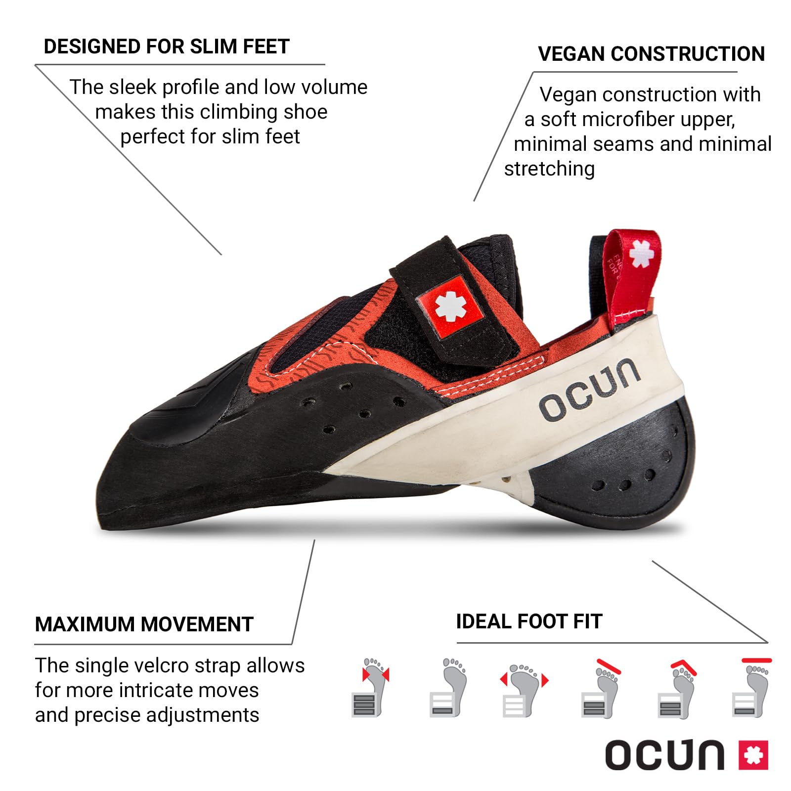 Ocun Iris Rock Climbing & Bouldering Shoe for Narrow Feet for Indoor & Outdoor Climbs, Red/White, 7.5
