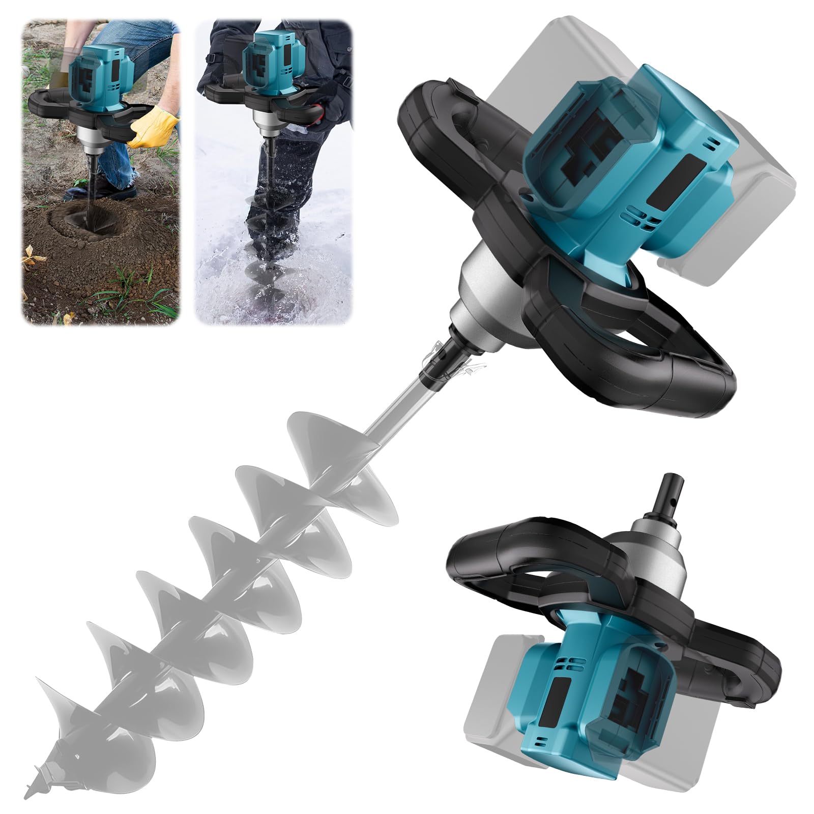 Akku Erdbohrer Kompatibel mit Makita 18V, 1200W Bürstenloser Motor Erdlochbohrer Professional Pfahlbohrer, für Zaunbau, Garten, Mörtelrührer (Ohne Batterie & Spiralkopf)