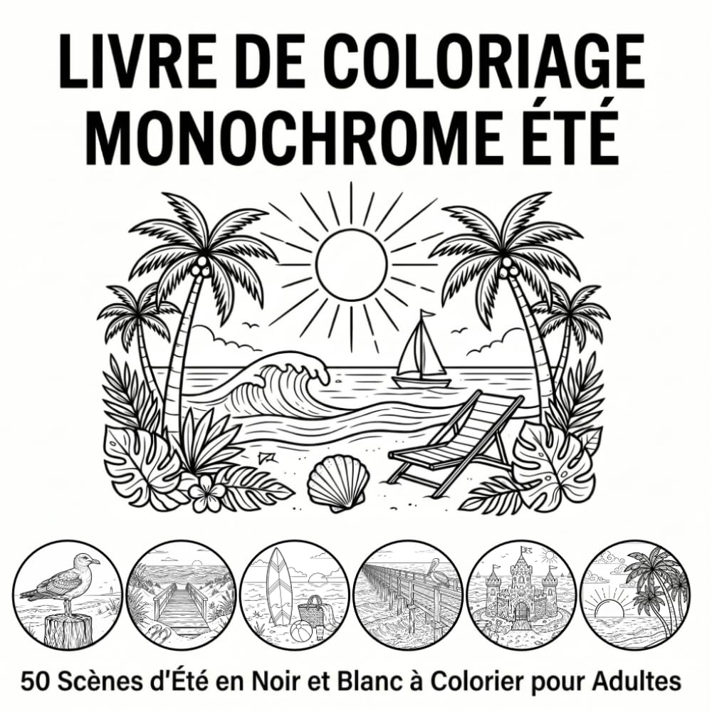 Livre de Coloriage Monochrome Été: 50 Scènes d'Été en Noir et Blanc à Colorier pour Adultes, Plage, Vacances, Nature et Moments Relaxants et Anti-Stress