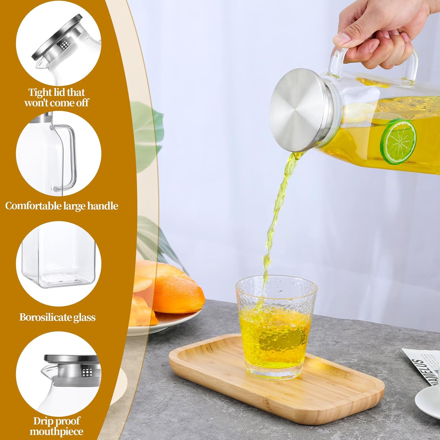 2 Pack 2 Liters/68 oz Glass Pitcher with Lid Spout, Square Hot Cold Drinks Carafe Large Heat Resistant Borosilicate Water Jug with Handle for Fridge Iced Tea Coffee Juice Milk Homemade Beverage - Image 3