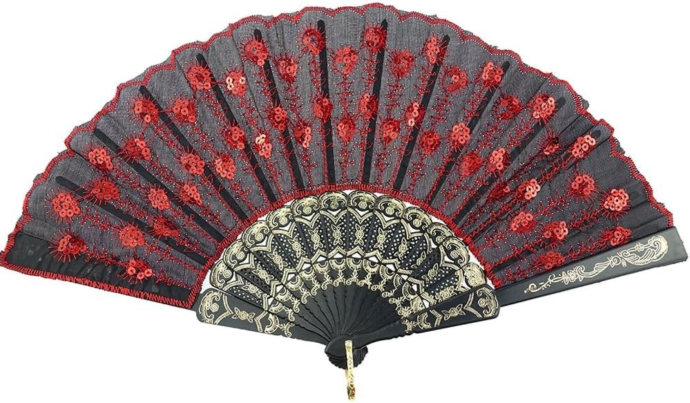 INNOLIFE Elegant Colorful Embroidered Flower Peacock Pattern Sequin Fabric Folding Handheld Hand Fan Hand-crafted (A-Red)