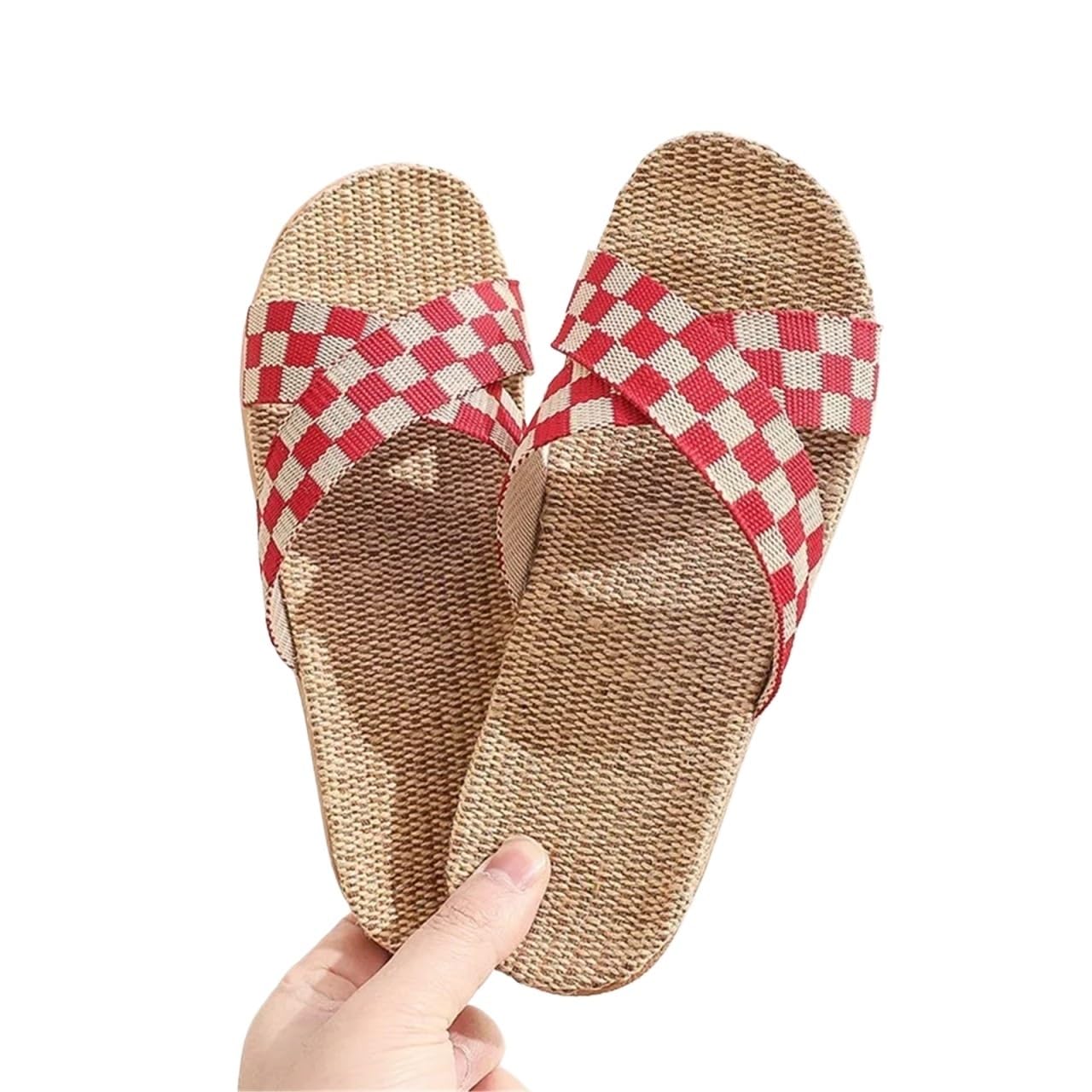 ERHTGUO Women's Breathable Linen Slippers Soft Sole Indoor For All Seasons Simple Versatile Home Wear Sandals(Grid red,35-36)