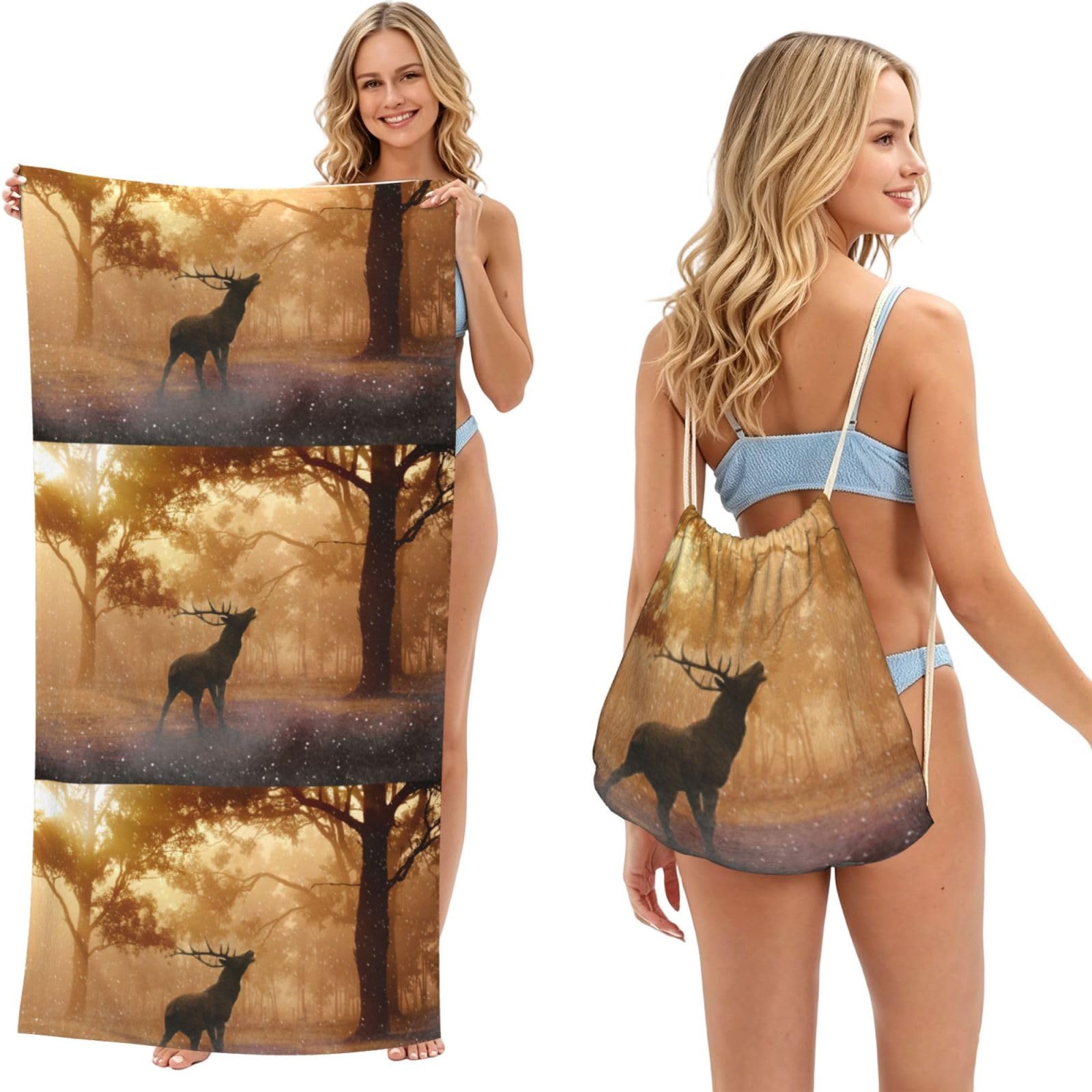 Poadnly As Picture Elk Artwork, 2 In 1 Packable Towel Bag, Beach Towels With Drawstring Backpack For Travel Holiday Camping