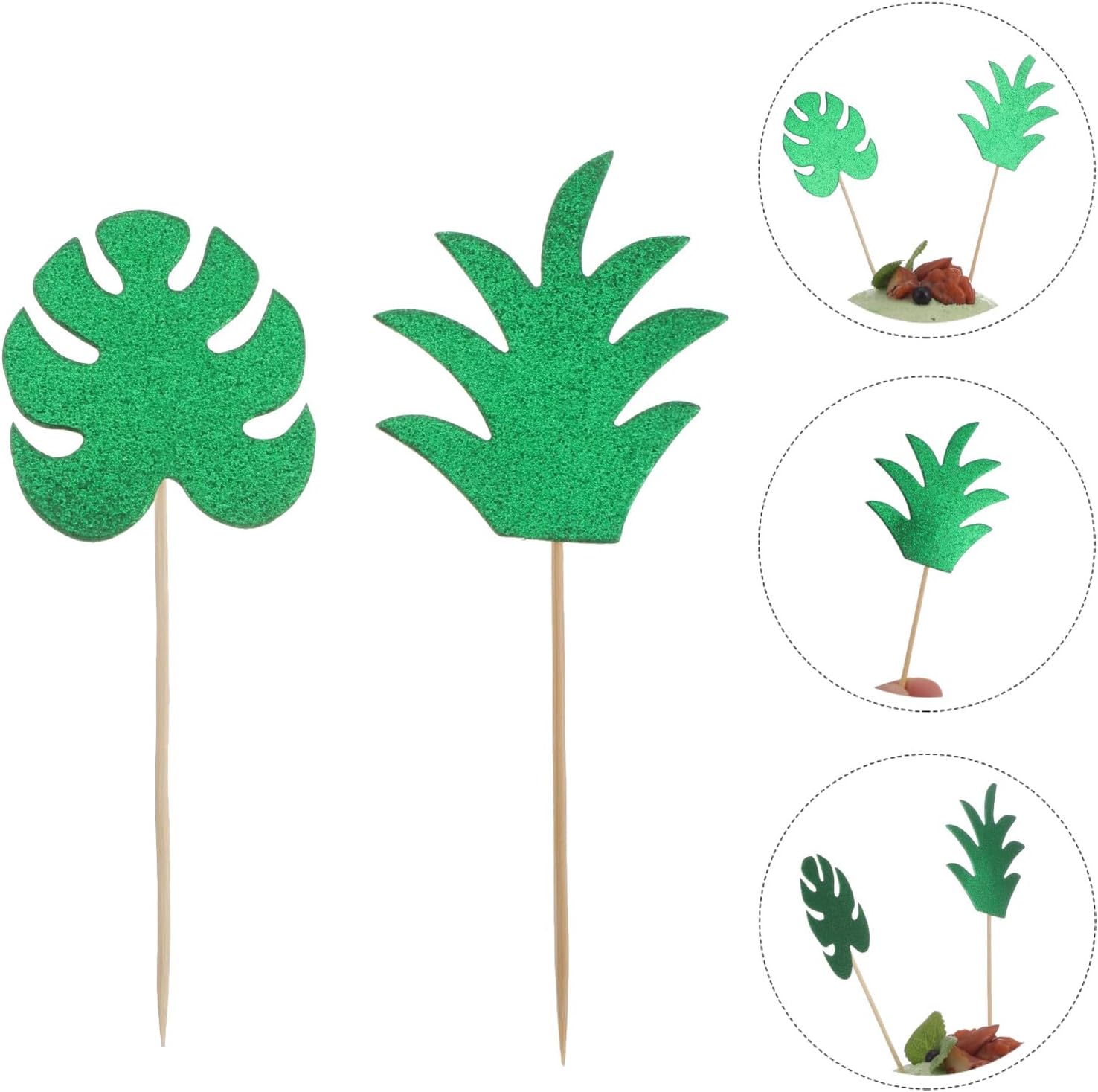 Party Cake Toppers Set 24 Pieces Reusable Decorative Cake Picks Monstera and Pineapple Leaf Designs, Non-edible Birthday Cupcake Ornaments for ’ Party Decorations