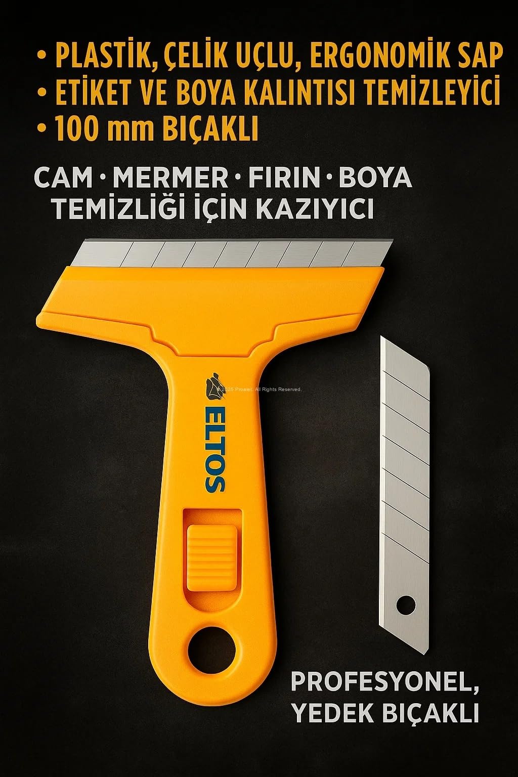 Eltos Cam Kazıma Bıçağı, Plastik, Çelik Uçlu, Ergonomik Sap, Etiket ve Boya Kalıntısı Temizleyici, 100 mm Bıçaklı, Cam, Mermer, Fırın ve Boya Temizliği için Kazıyıcı, Profesyonel, Yedek Bıçaklı