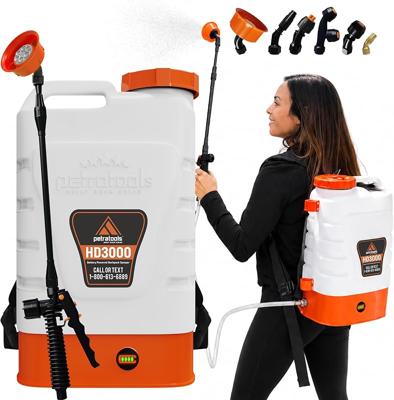 PetraTools Pulverizador de mochila con batería de 3 galones - Tiempo de ejecución de 2,5 horas | Pulverizador de mochila eléctrico HD3000 con 90 PSI, 6 boquillas: para el cuidado del césped y el jardín, control de malezas y plagas, riego y fertilización