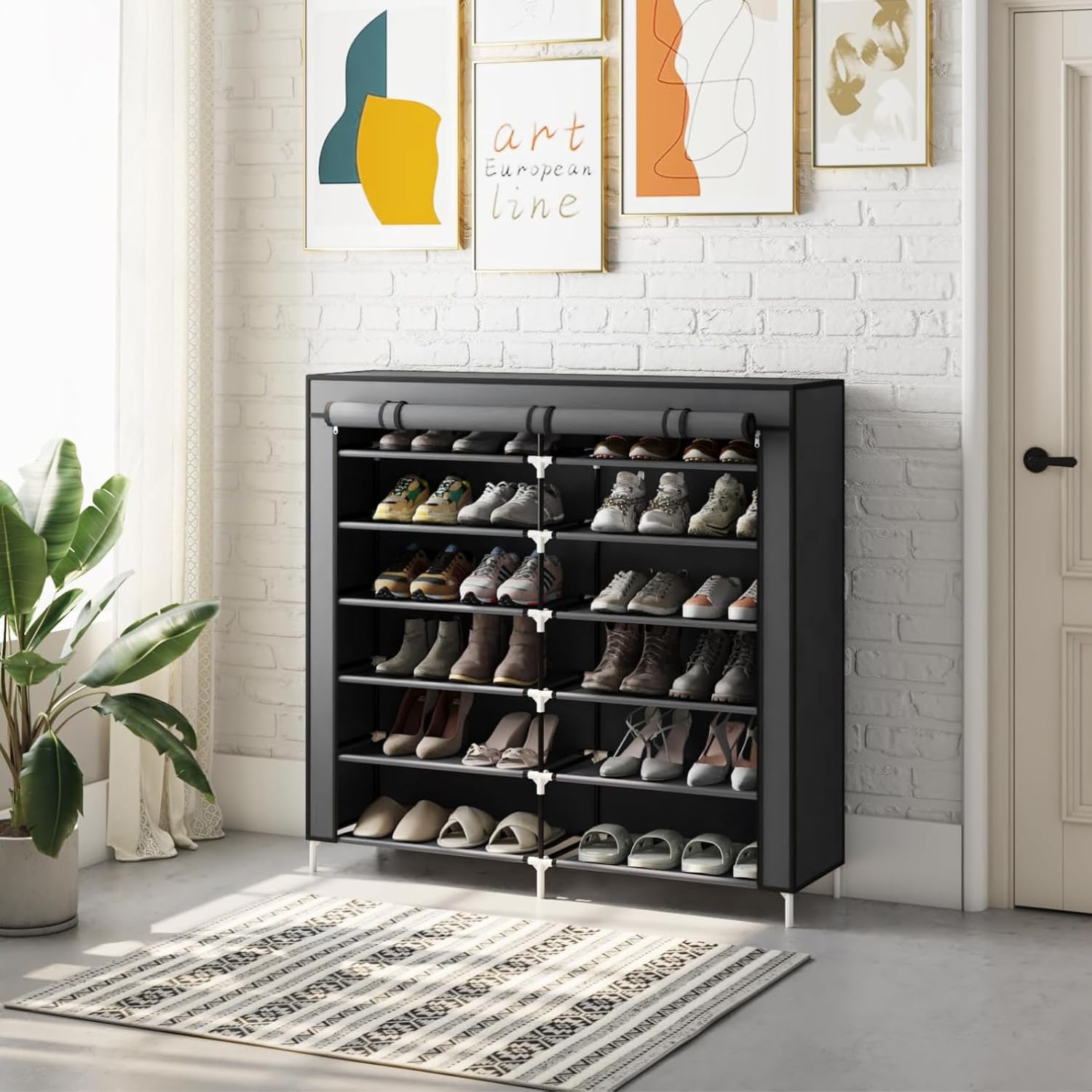 ZOLTA Textilschuhschrank 6 Ebenen 12 Fächer grau 107×114×29 cm mit Rolltüren Reißverschluss Schuhregal Stoffschrank Metallrahmen platzsparend leicht Staubschutz für Flur Schlafzimmer Keller