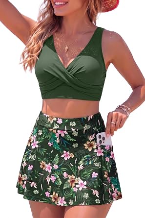 Two Piece Bikini Skirt Swimsuit - High Waisted Bathing Suit with Pockets