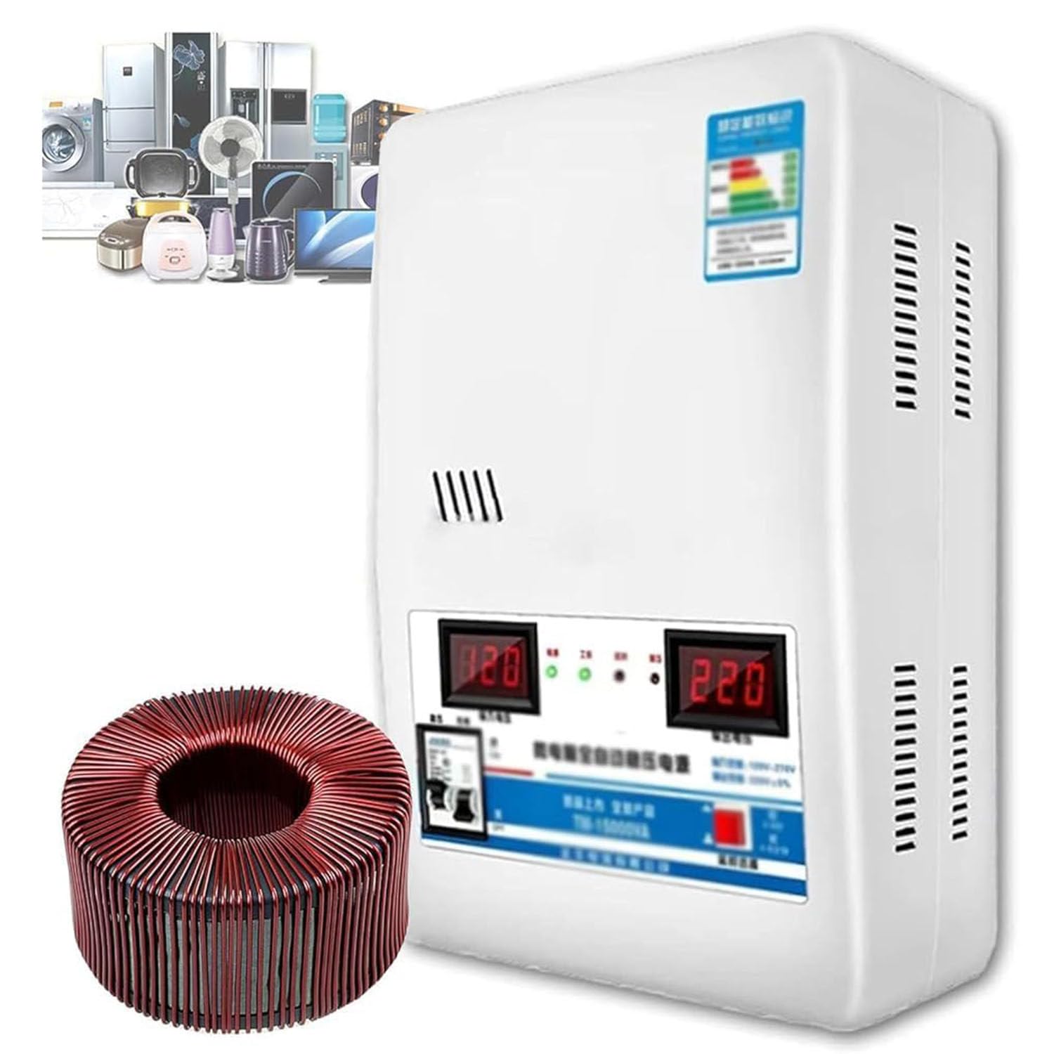 Estabilizador Voltaje Ultrabajo 220 V, 6800 W/15000 W/20000 W, Estabilizador Voltaje Potencia Completamente Automático, Pantalla Voltaje Doble Pantalla Digital, 6 Protecciones Principales,15000W