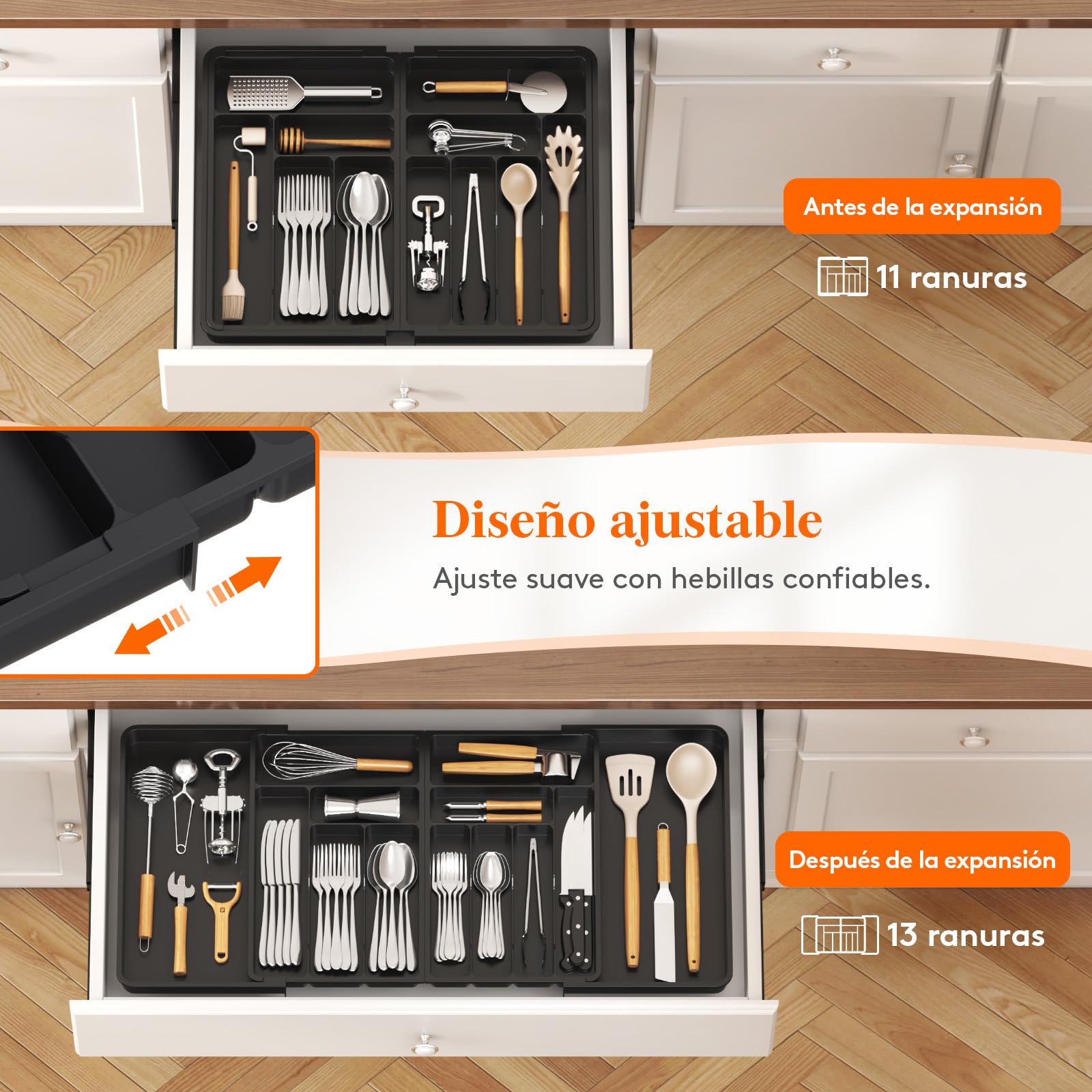 Lifewit Grandes Organizador Cuberteros para Cajon, Extensible al 36 Pulgadas de Ancho, BPA Free Bandeja Vajilla de Cocina, Tabletas Separador de Plástico para Cuchillo/Cuchara/Tenedor, Negro