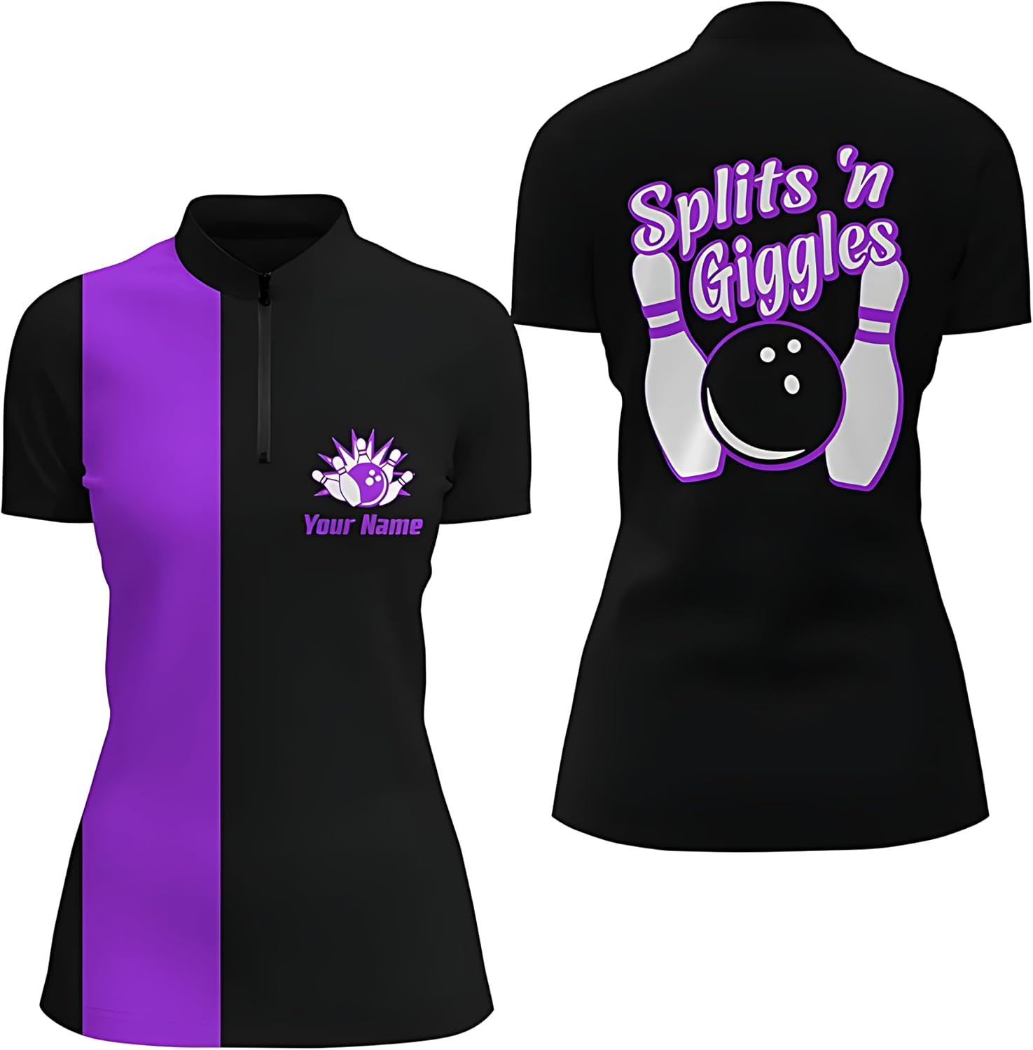 Splits'n Giggles Women's Bowling Polo Shirt - Personalized Black Purple Retro Bowling Jersey Q6074
