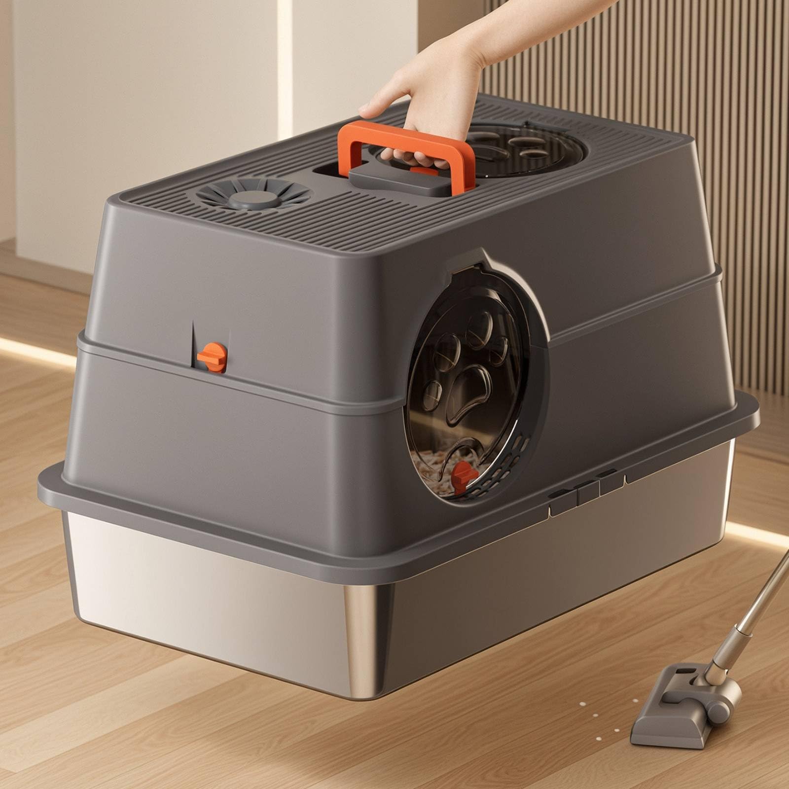 Caja de Arena para Gatos Contenedor de Arena Bandeja Arenero Acero Inoxidable con Tapa Envolvente y Compartimento Antiolor Superficie Suave Que No, Negro