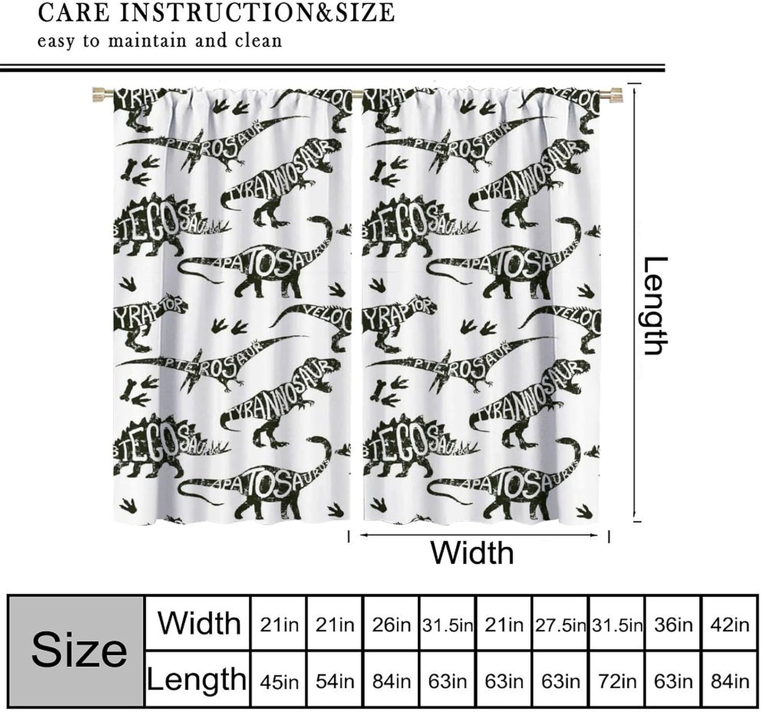 Kids Dinosaurs Curtains, White Black Animals Kids Boy Jurassic Ancient Animals Print for Room Window Decor, Rod Pocket Blackout Drapes for Living Room Bedroom Kitchen 2 Panel Set 21"W X 63"L