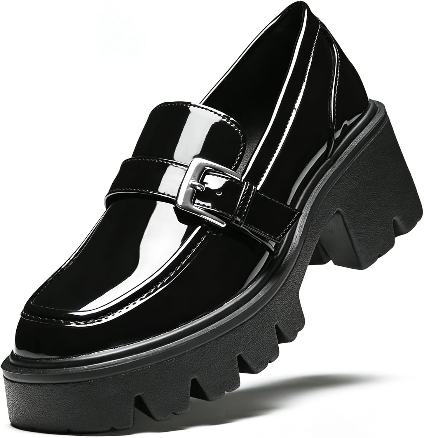 Black Platform Loafers for Women - Comfortable Chunky Heel Patent Leather Classic Casual Shoes for Dressy and Office Wear