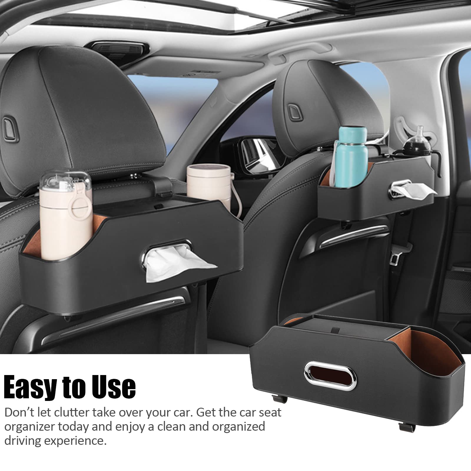 Organizzatore Posteriore Auto Per Poggiatesta - Multifunzione Con Portabicchieri, Portafazzoletti E Gancio, Nero - Foto 5