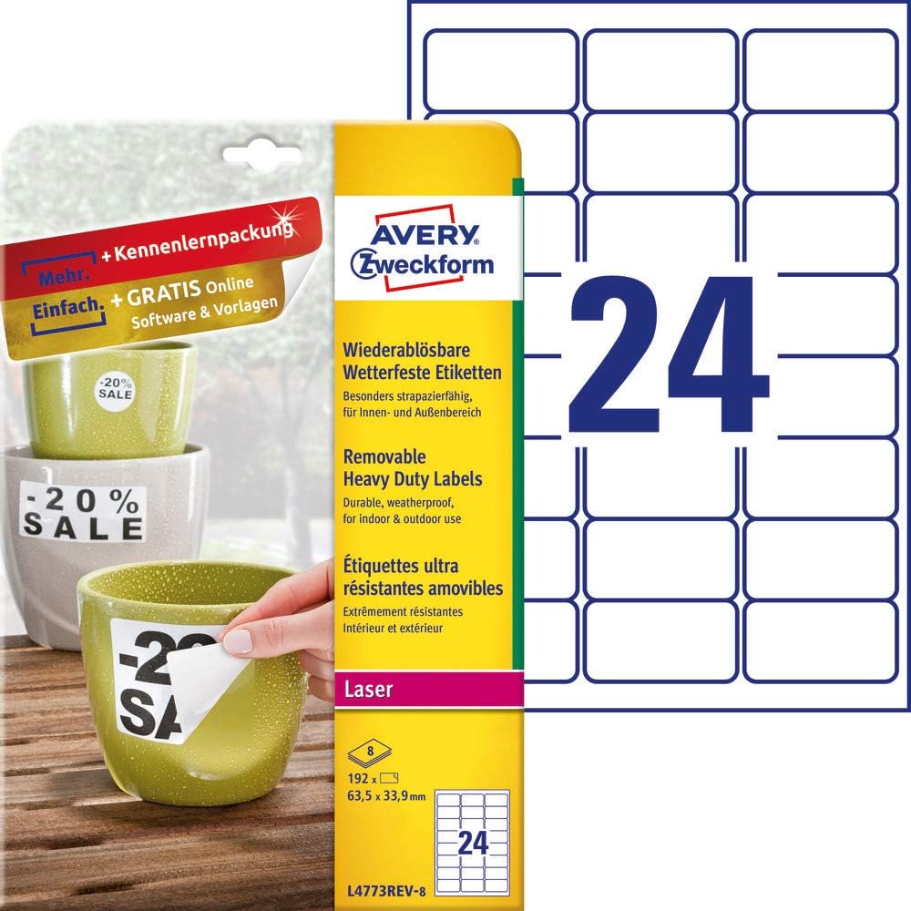 AVERY Zweckform L4773REV-8 Wetterfeste Folienetiketten (192 Aufkleber, 63,5x33,9mm auf A4, selbstklebend, wasserfest, wiederablösbar, strapazierfähig, bedruckbare Outdoor Klebefolie) 8 Blatt, weiß