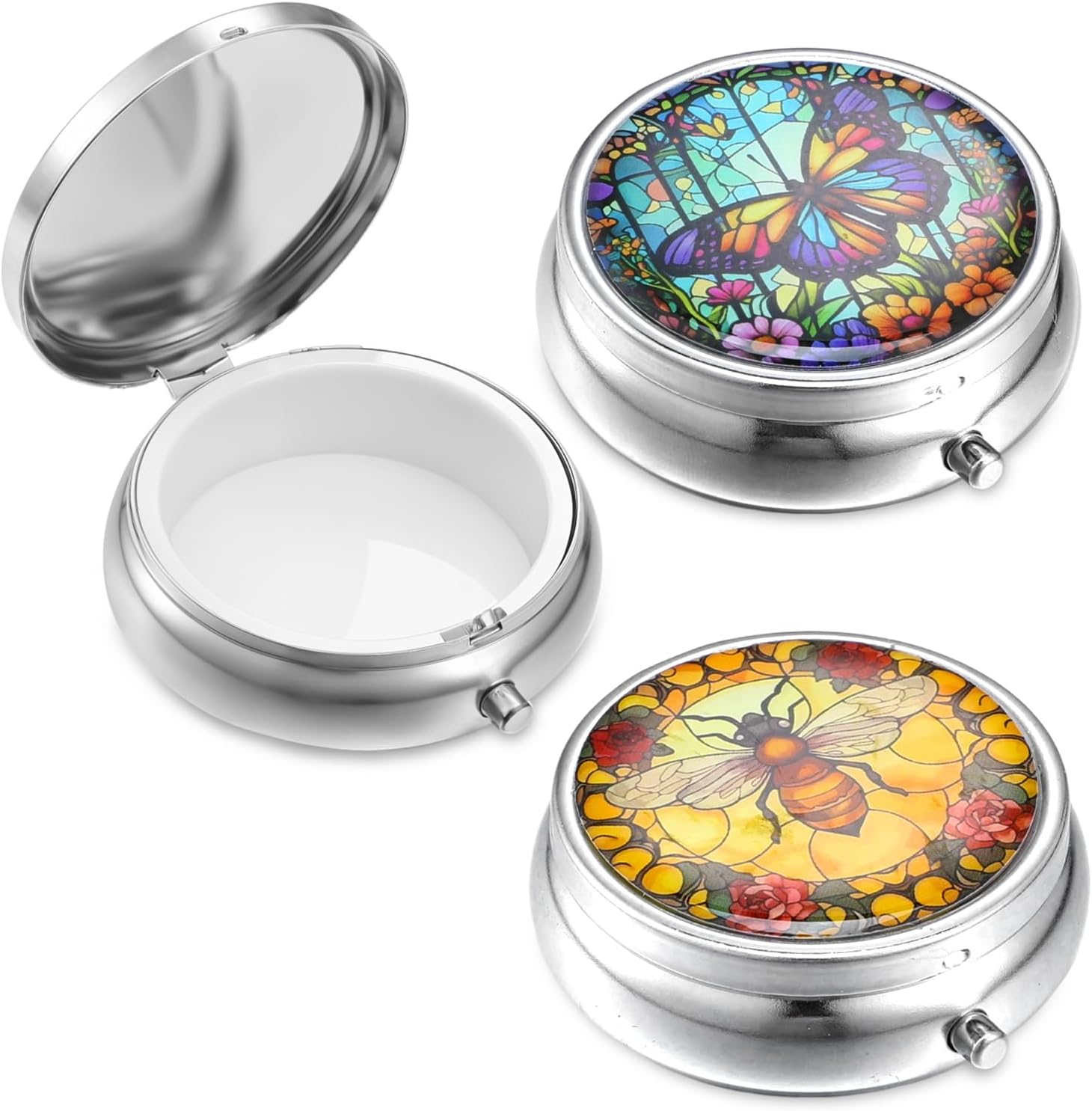 Sibba 2Pcs Portable Medicine Pill Case Moisture Proof Pocket Pill Organizer Dispenser Cute Compact Nice Tablet Box Bee&Butterfliy Medicine Pills Box Metal Pillbox with Mirror for Vitamins, Fish Oil