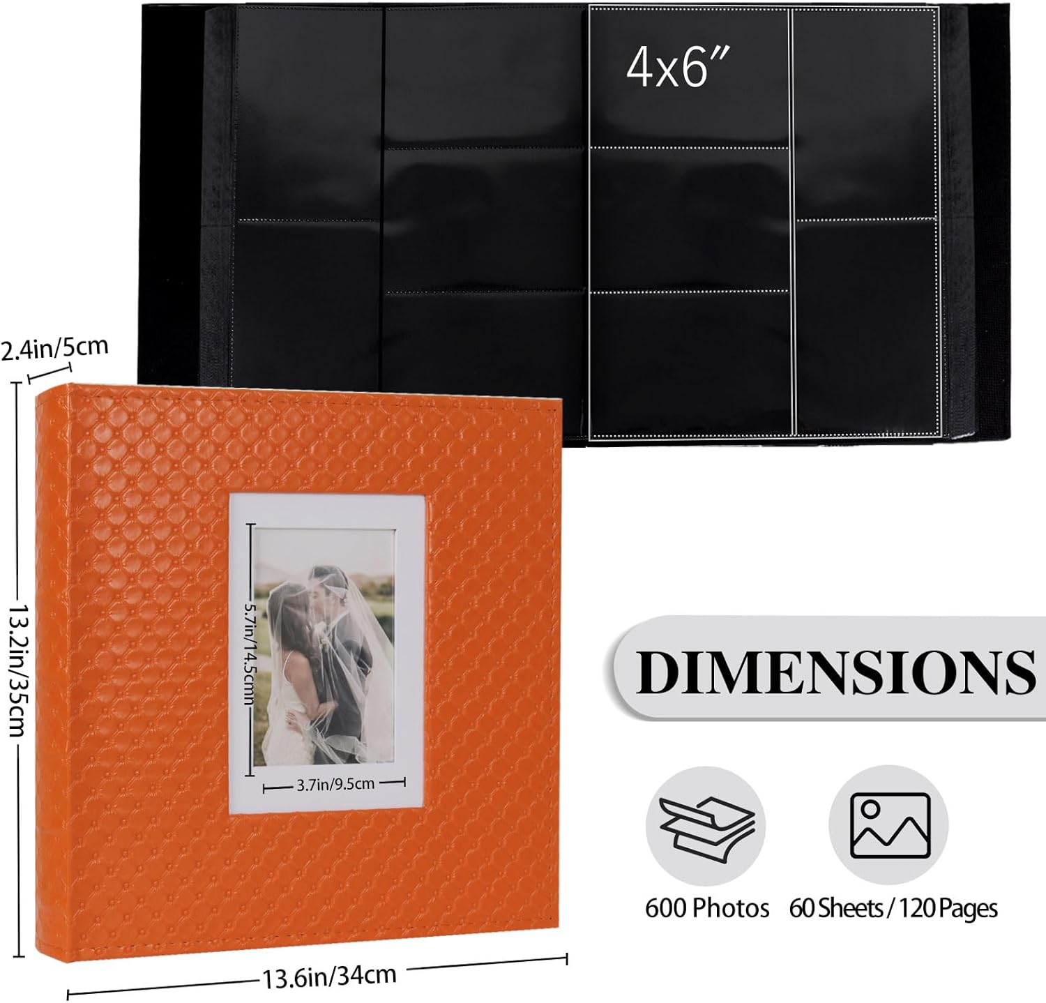RECUTMS Large Capacity Photo Album 4x6, 600 Photos PU Leather Picture Album with Black Pages, Horizontal & Vertical Pockets, Clear Sleeves Memory Book for Family, Travel, Wedding & Gift (Orange)
