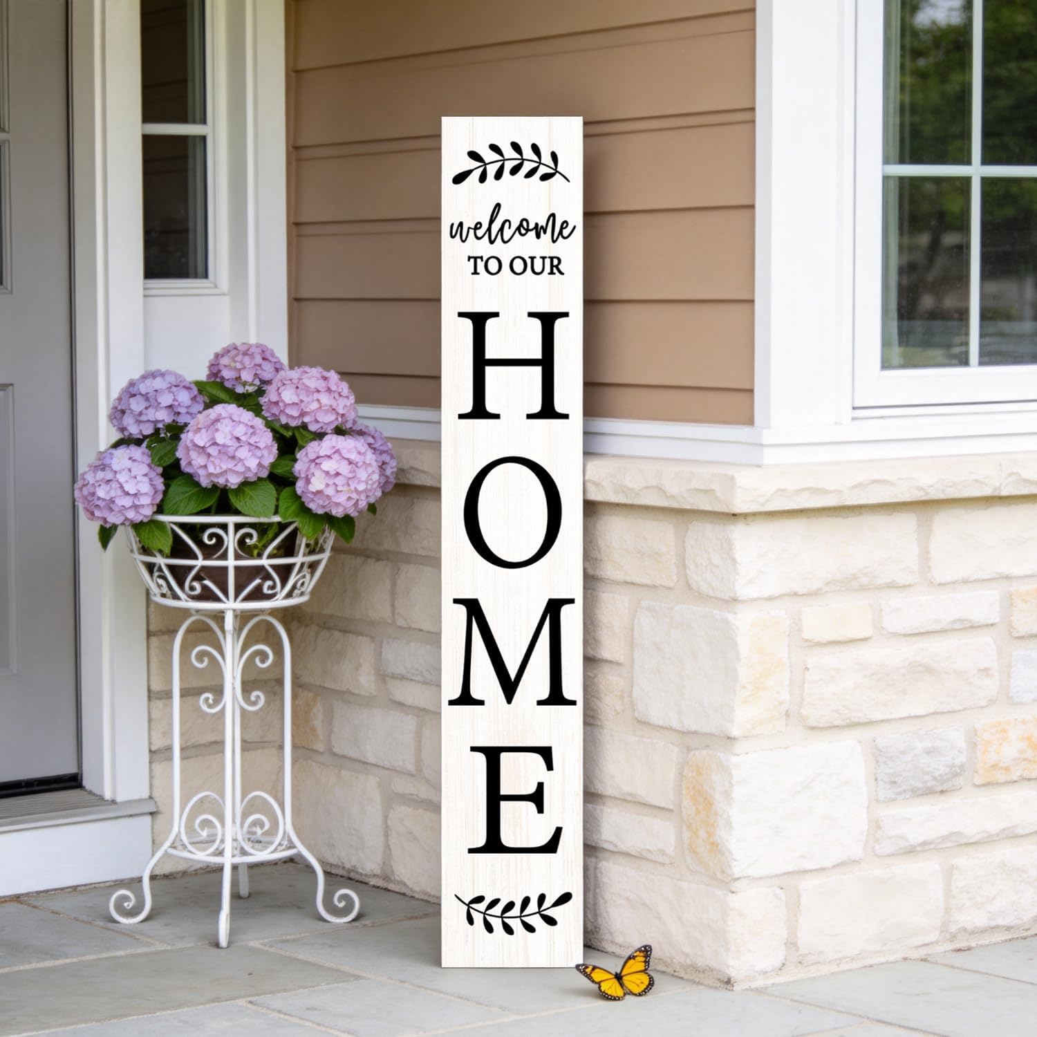 Welcome Sign for Front Porch, 47" Large Wooden Welcome to Our Home Sign Door Hanging Standing Plaque, Farmhouse Vertical Outdoor Porch Decorations for Yard Patio Entrance (White)
