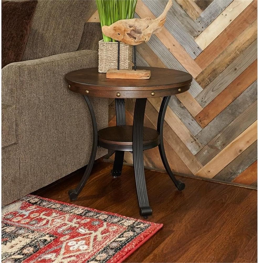 Pemberly Row Traditional End Table, 24" Round Wood and Metal, Rustic Umber Brown Finish, Oak Woodgrain Veneer Top with Nailhead Details, Sturdy Base, Living Room Side Table with Shelf
