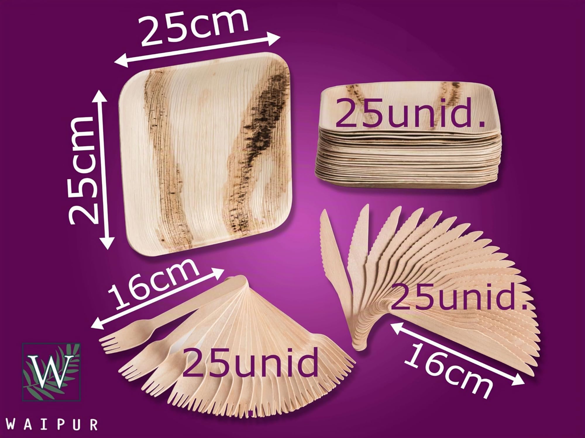 Platos Desechables de Hoja de Palma y Cubiertos de Madera - Set de 25 Cuadrados 25x25 cm, Cuchillos y Tenedores - Vajilla Biodegradable - Elegantes para Fiestas - como Menaje de Bambu