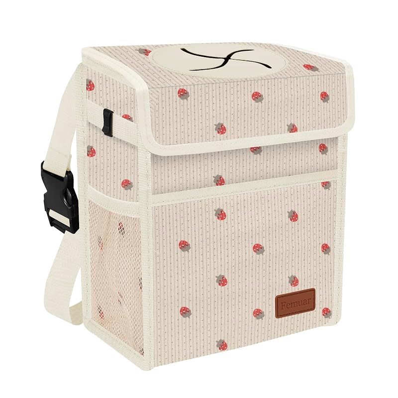 Lixeira para Carro Femuar com Tampa, Impermeável, Dobrável e Suspensa com Bolsos de Tela, Bege-Strawberry