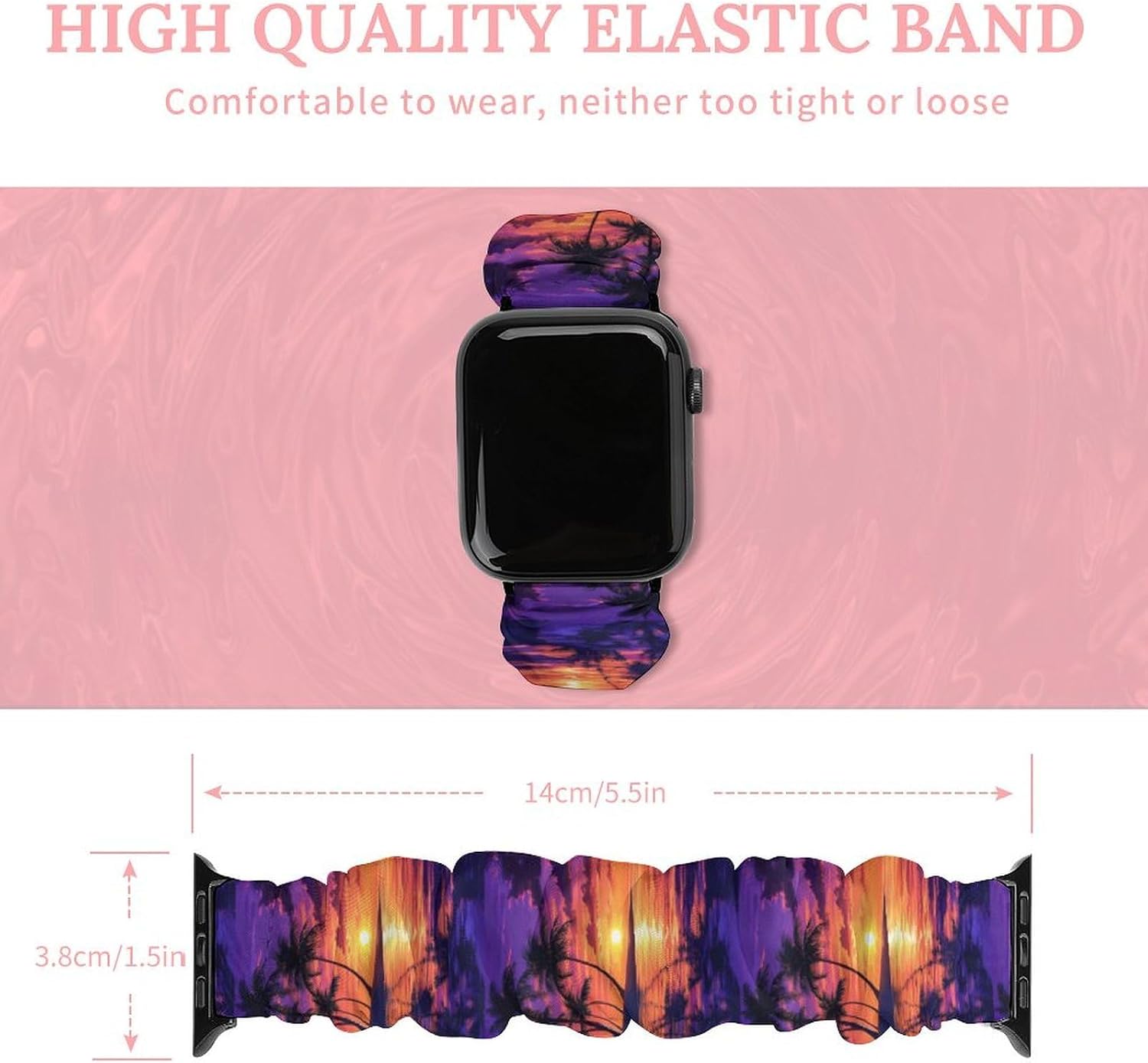Sunset Palm Trees Beach Stretchy Watch Band for Iwatch 44mm 42mm 40mm 38mm Elastic Scrunchies Wrist Strap image 2