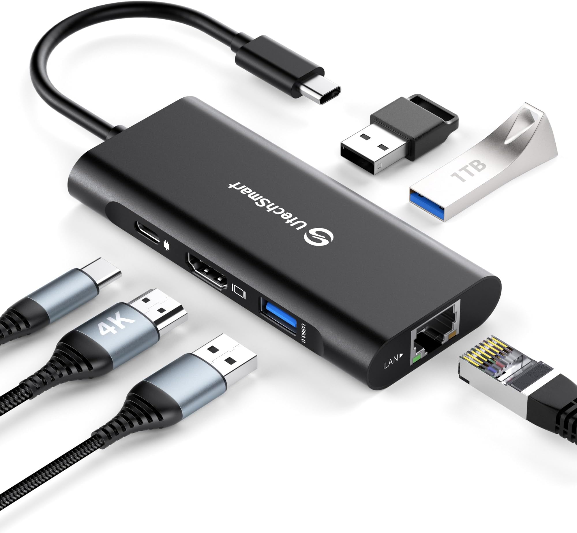 UtechSmart 6-in-1 USB C Hub: 4K HDMI, 100W PD, 3x USB 3.0, Compatible with Mac, Chromebook & More (Black)