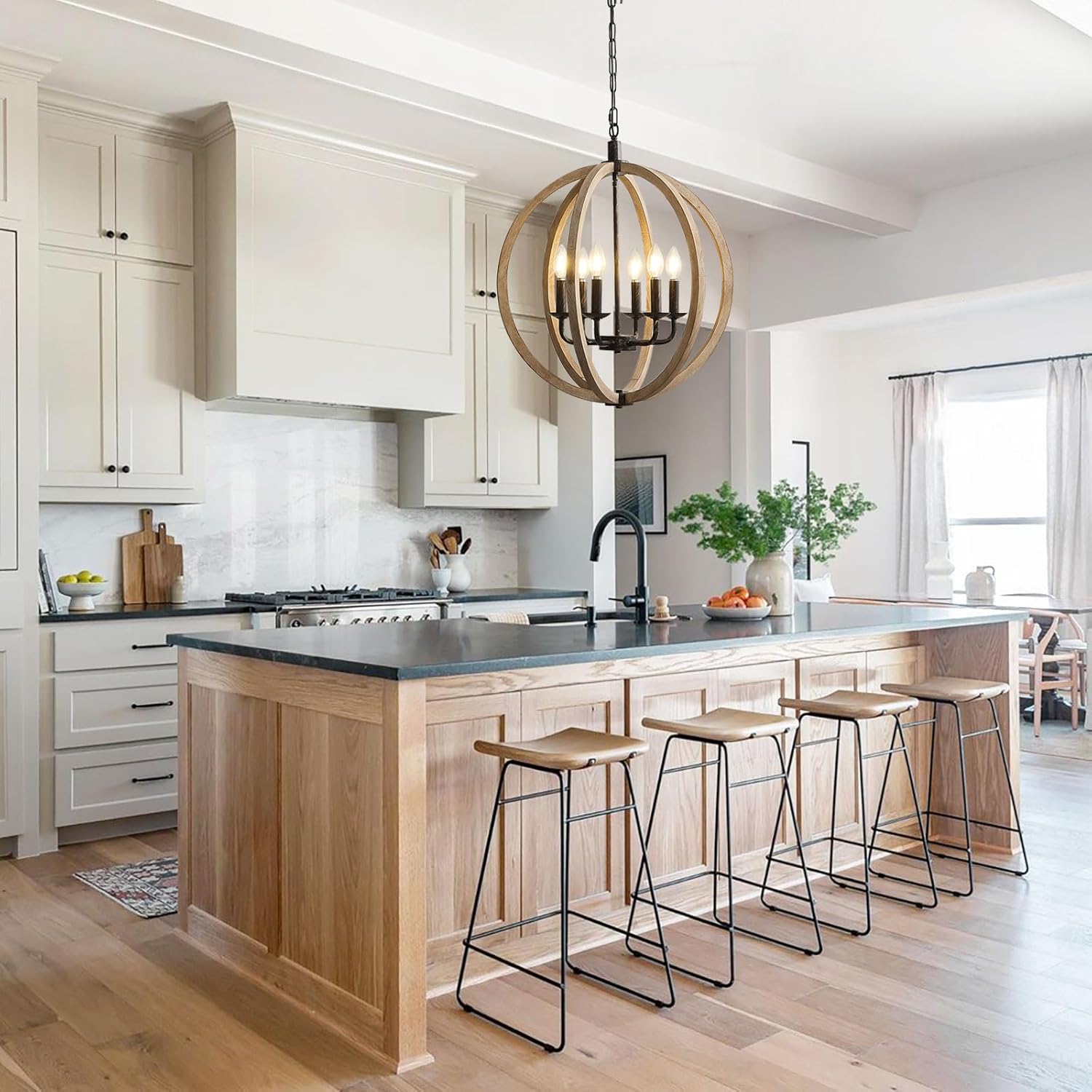 Orb 6-Light Farmhouse Chandelier Brown Globe Handmade Wood Light Fixture for Dining Room, Living Room, Bedroom, Kitchen Island, Foyer, 20” Dia