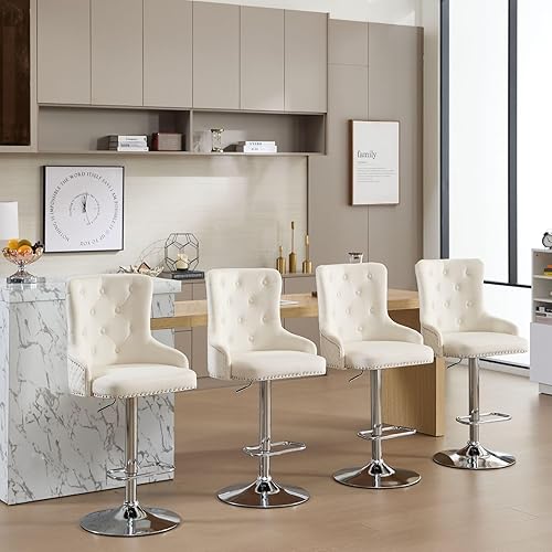 Miniatura 107 de Juego de 2 taburetes de bar giratorios ajustables de terciopelo con respaldo alto copetudo, modernos taburetes de altura de mostrador con base