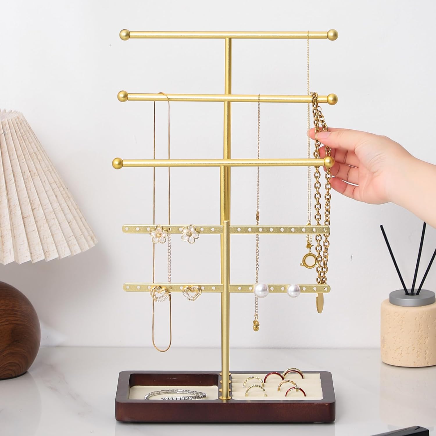 modern T-shaped jewelry rack, jewelry tower, gold metal, square ceramic base decoration display tower, necklace, bracelet, ring storage rack (4-layer wooden plate in beige color) - Image 7