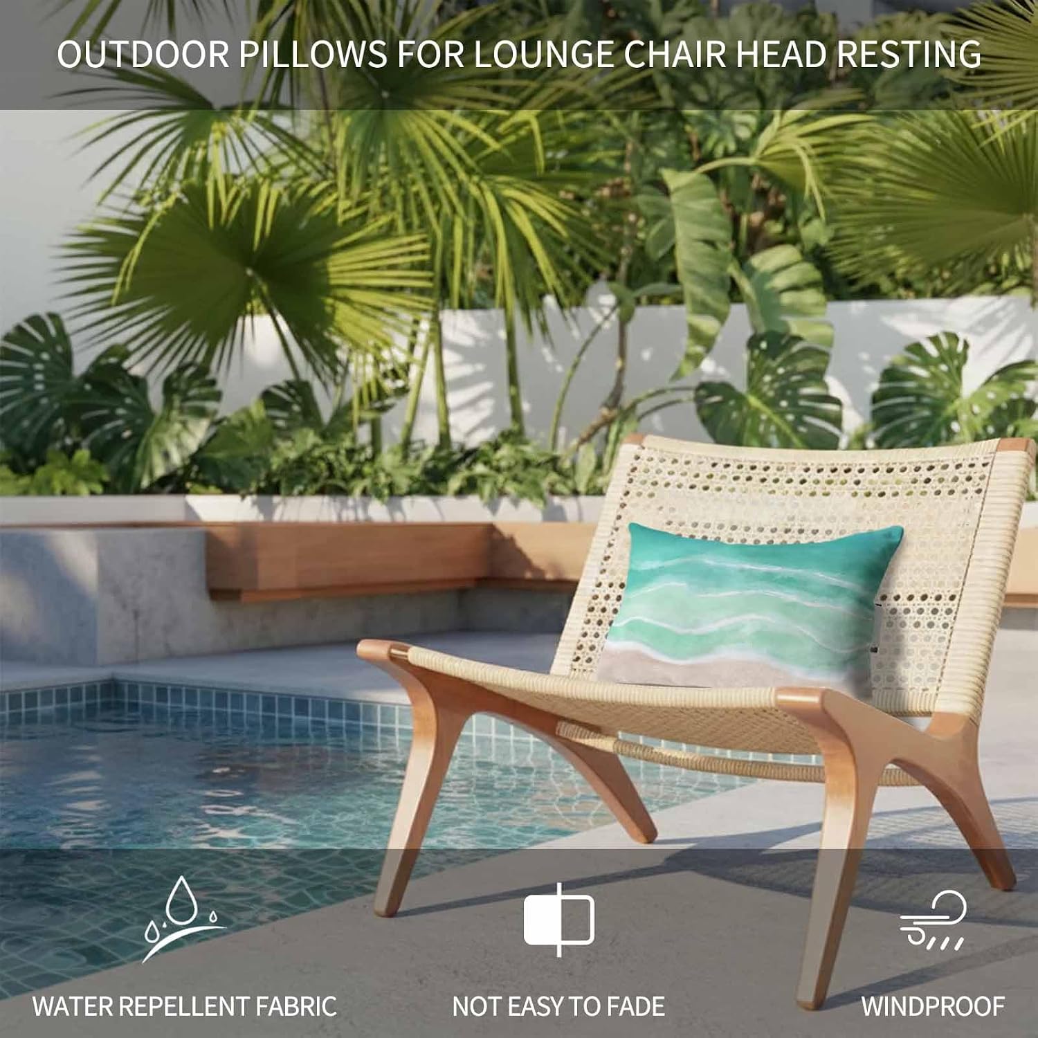 Outdoor Chair Pillow Headrest for Patio Pool Chaise Lounge, Turquoise Coastal Recliner Head Pillow, Waves Summer Beach Ocean Sea Waterproof Pillowcases Neck Lumbar Pillows & Insert 12x20x2pcs