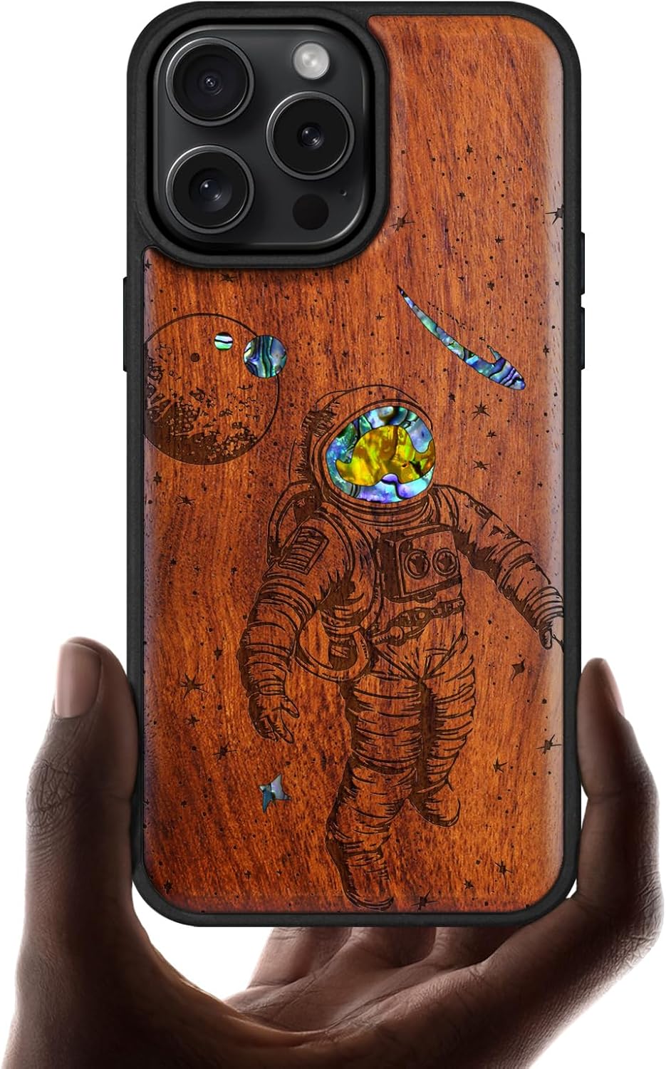 Carveit Magnetic Case for iPhone 16 Pro Max Case, Wood Artisan Engraved & Handmade Shell Inlaid, TPU Shockproof Cover, Compatible with MagSafe Wireless Chargers (Cosmic Wanderer) Rosy