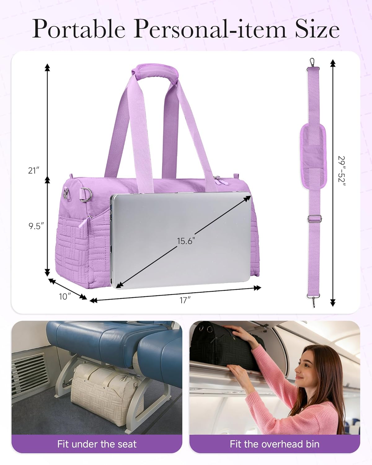 Travel Duffle Bag for Women, Personal Item Carry On Bag for Airplane, Lightweight Weekender Overnight Bag with Large Wet Pocket & Laptop Compartment, Gym Tote for Sport, Trip, Work (Purple)