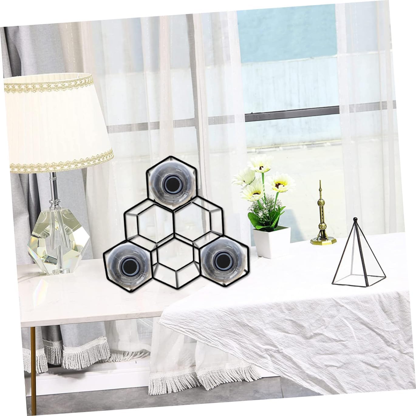Honeycomb Geometric Wine Bottle Holder Black Iron Freestanding Wine Rack for Home Living Room Tabletop Storage Display