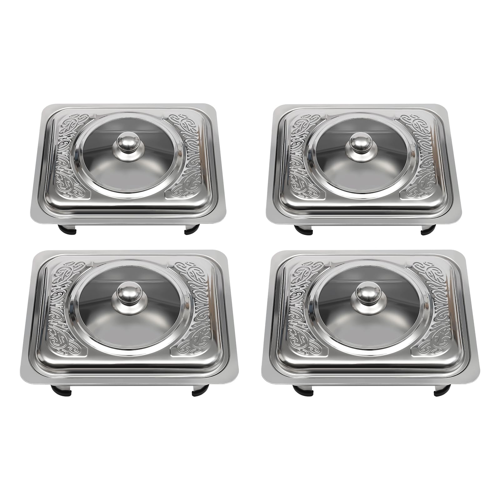 Set di 4 ciotole per buffet in acciaio inox con piedini rimovibili, 33,5 x 27,5 cm, per catering, matrimoni ed eventi (argento)