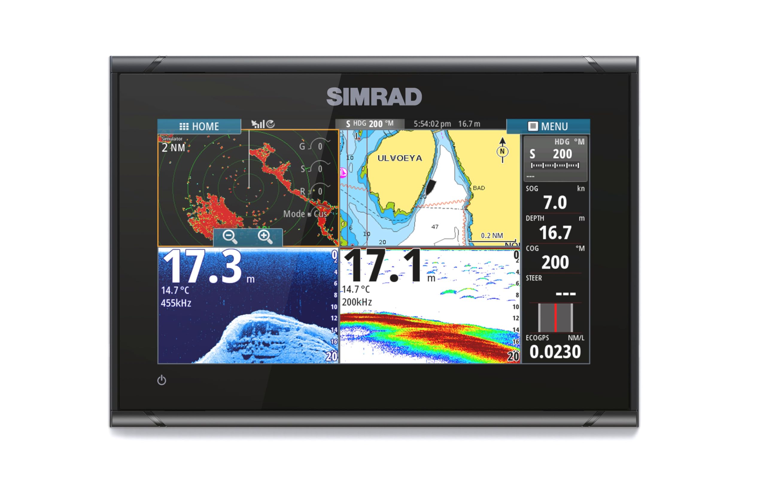 Photo 1 of Simrad GO9 XSE Chartplotter and Fishfinder with 83/200 Transom Mount Transducer and C-MAP Discover Chart Card, 9 Inch Screen, Black, 000-16293-001